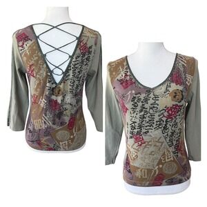 City Lights Vintage‎ Graphic Lace Up Back Top Sage Green Large